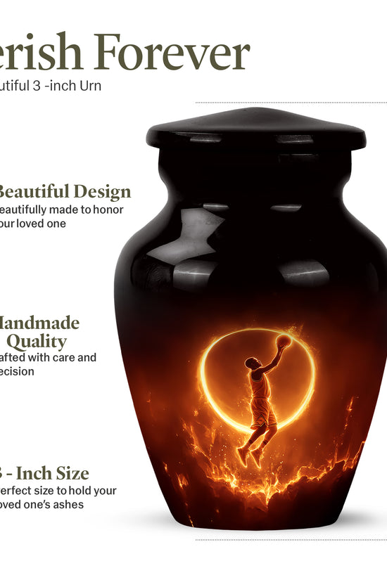 Deep Black Basketball Cremation Urn close-up of engraving and surface detail - classic sculpted basketball pattern on smooth aluminum - mini keepsake memorial for portion of cremation ashes