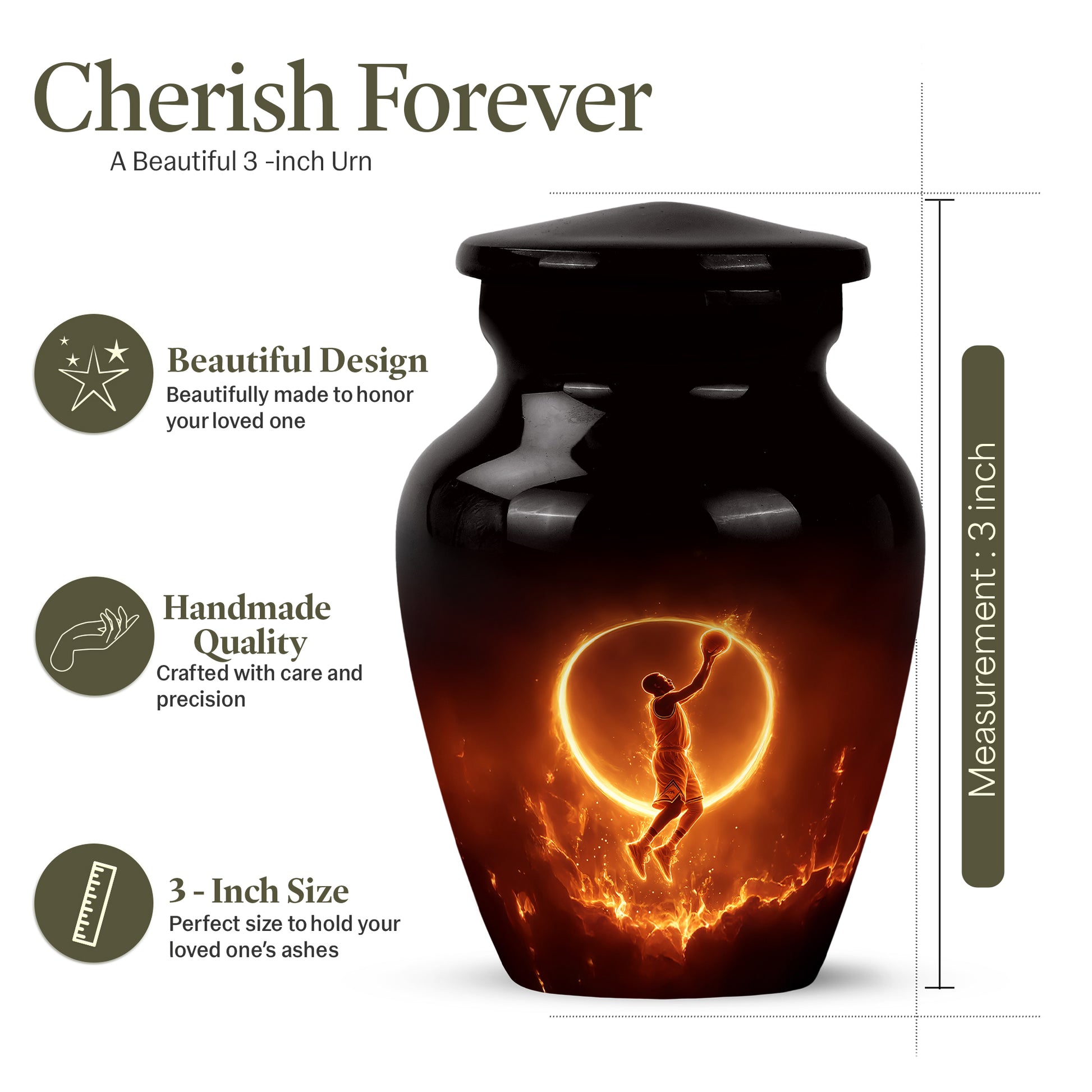 Deep Black Basketball Cremation Urn close-up of engraving and surface detail - classic sculpted basketball pattern on smooth aluminum - mini keepsake memorial for portion of cremation ashes