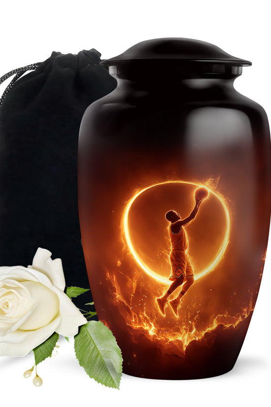 Glossy Black Basketball Cremation Urn angled view of lid and engraved motif - classic sculpted basketball pattern on smooth aluminum - full-size 10 inch 200 cubic inch adult cremation urn