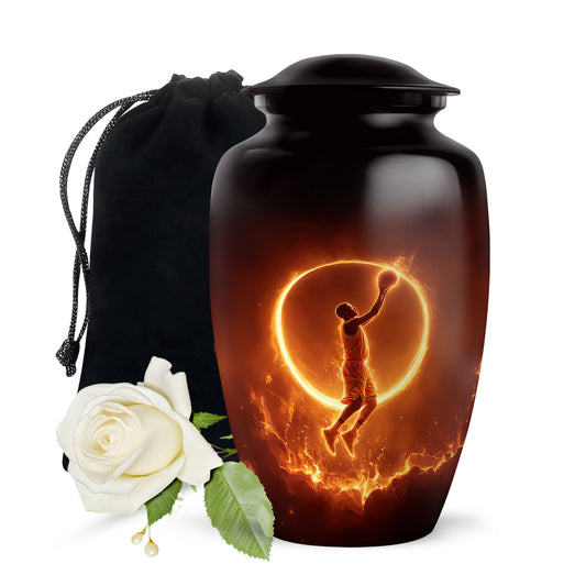 Glossy Black Basketball Cremation Urn angled view of lid and engraved motif - classic sculpted basketball pattern on smooth aluminum - full-size 10 inch 200 cubic inch adult cremation urn