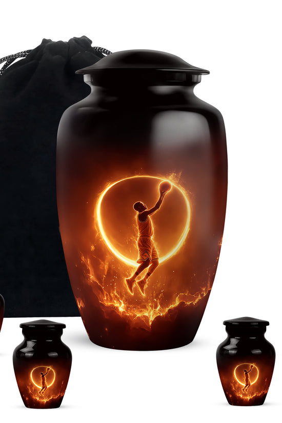 Jet Black Basketball Cremation Urn top-down view of secure threaded lid - timeless basketball motif etched into premium metal - memorial set with one large and four small urns