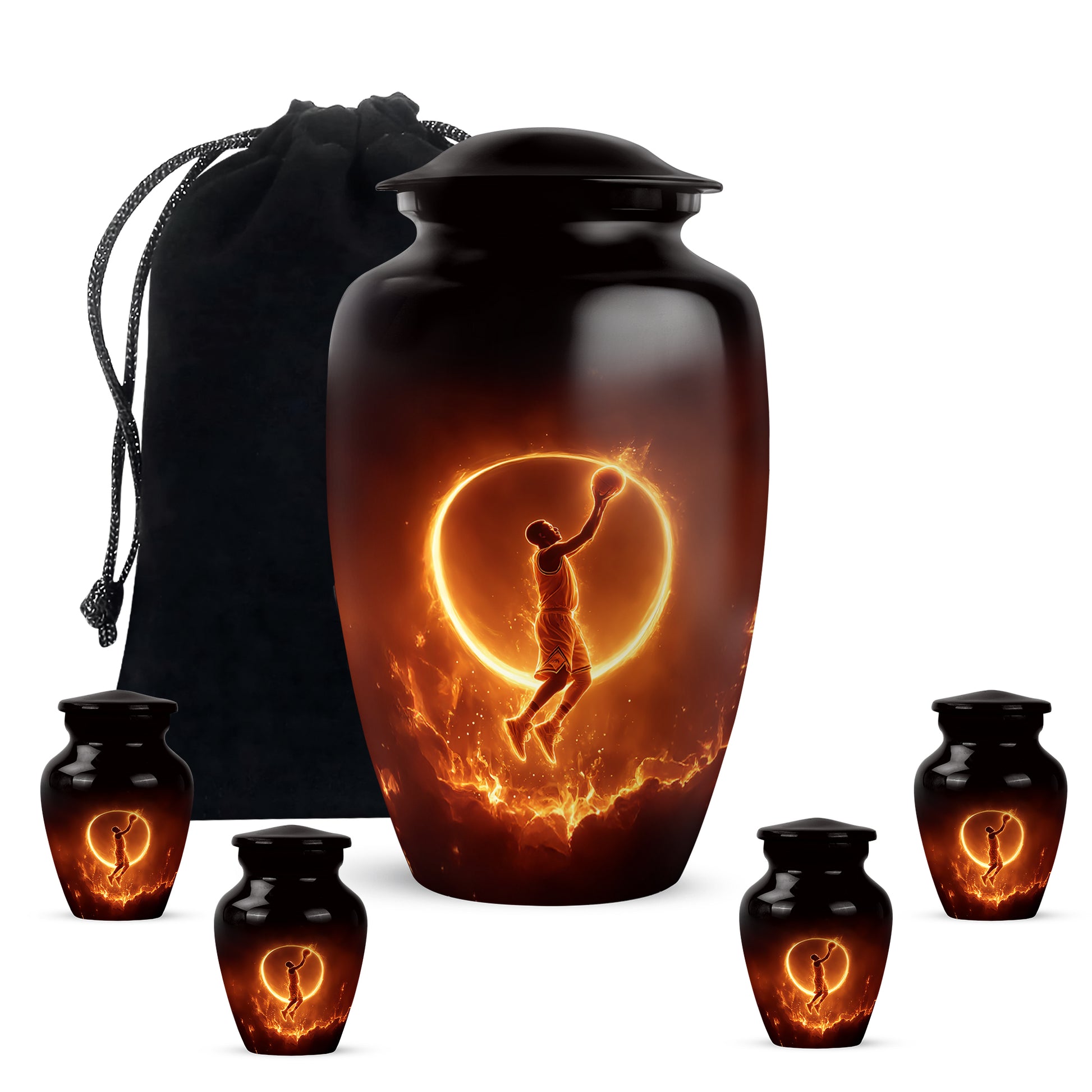 Jet Black Basketball Cremation Urn top-down view of secure threaded lid - timeless basketball motif etched into premium metal - memorial set with one large and four small urns