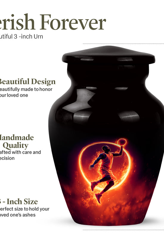 Glossy Black Basketball Cremation Urn close-up of engraving and surface detail - timeless basketball motif etched into premium metal - mini keepsake memorial for portion of cremation ashes