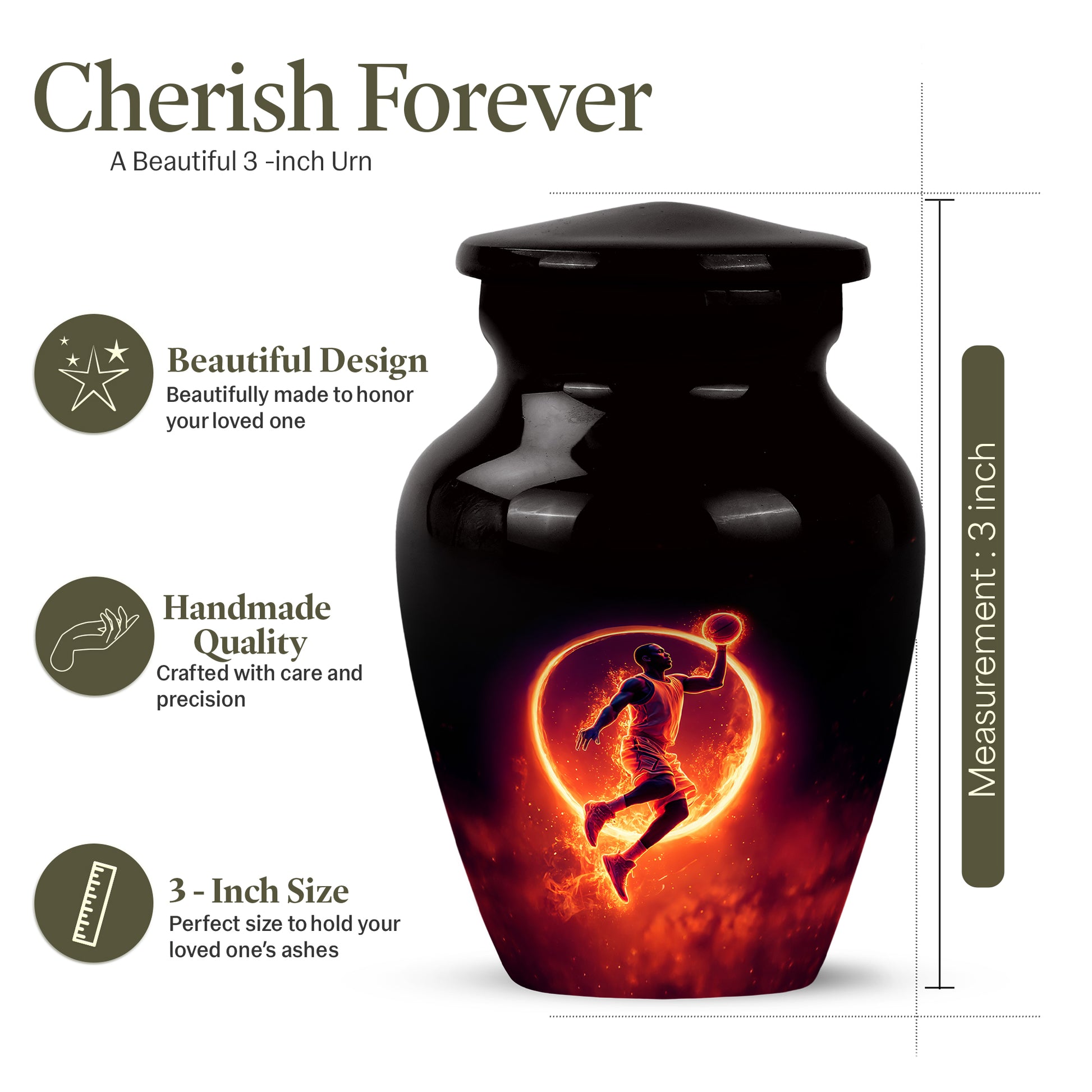 Glossy Black Basketball Cremation Urn close-up of engraving and surface detail - timeless basketball motif etched into premium metal - mini keepsake memorial for portion of cremation ashes