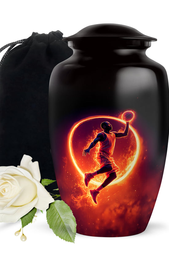 Glossy Black Basketball Cremation Urn angled view of lid and engraved motif - classic sculpted basketball pattern on smooth aluminum - full-size 10 inch 200 cubic inch adult cremation urn