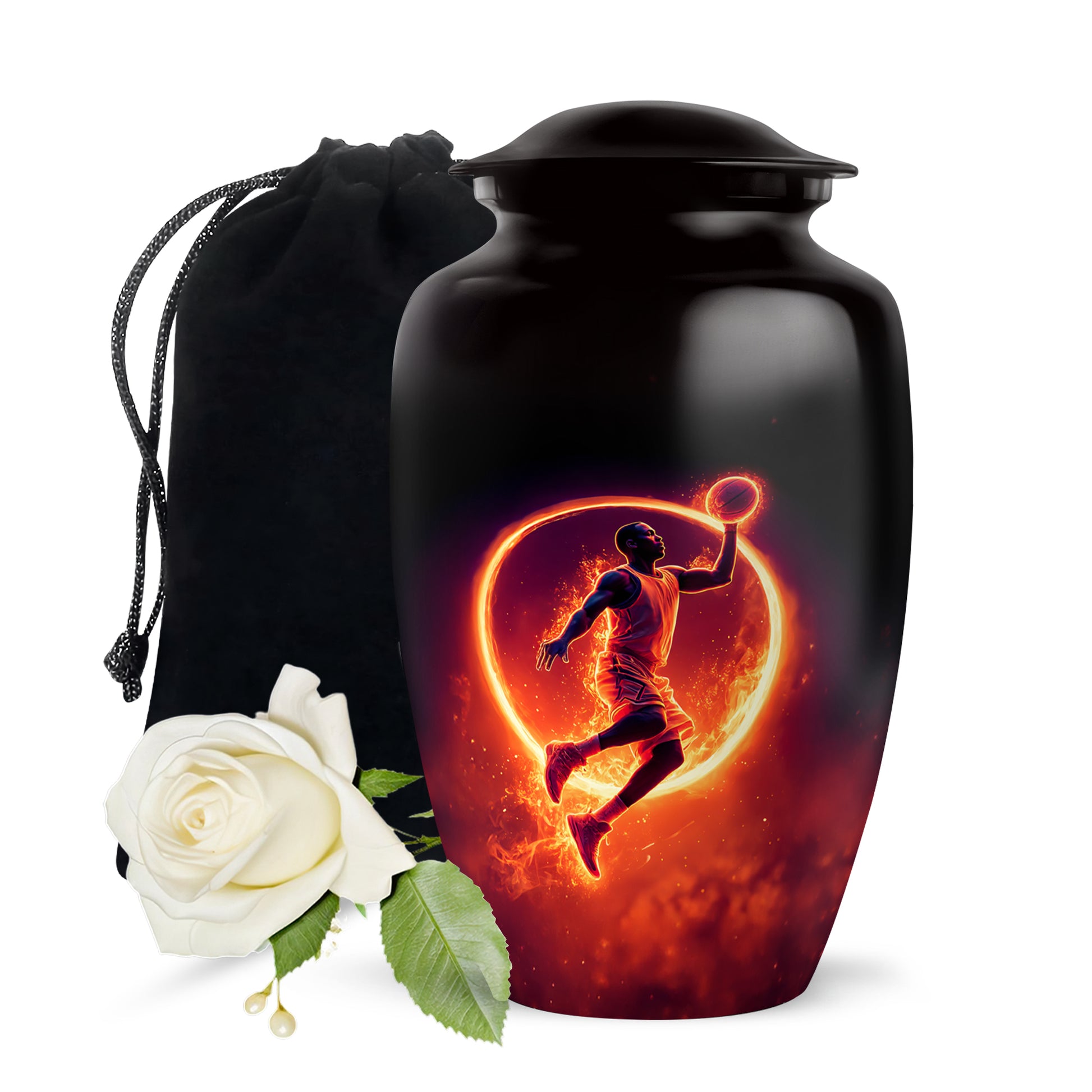 Glossy Black Basketball Cremation Urn angled view of lid and engraved motif - classic sculpted basketball pattern on smooth aluminum - full-size 10 inch 200 cubic inch adult cremation urn