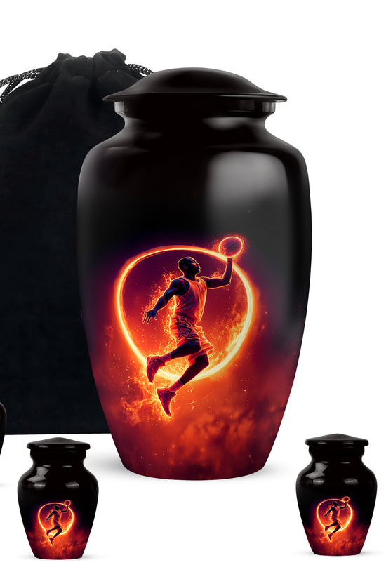 Dark Black Basketball Cremation Urn top-down view of secure threaded lid - traditional basketball engraving with hand-polished finish - memorial set with one large and four small urns