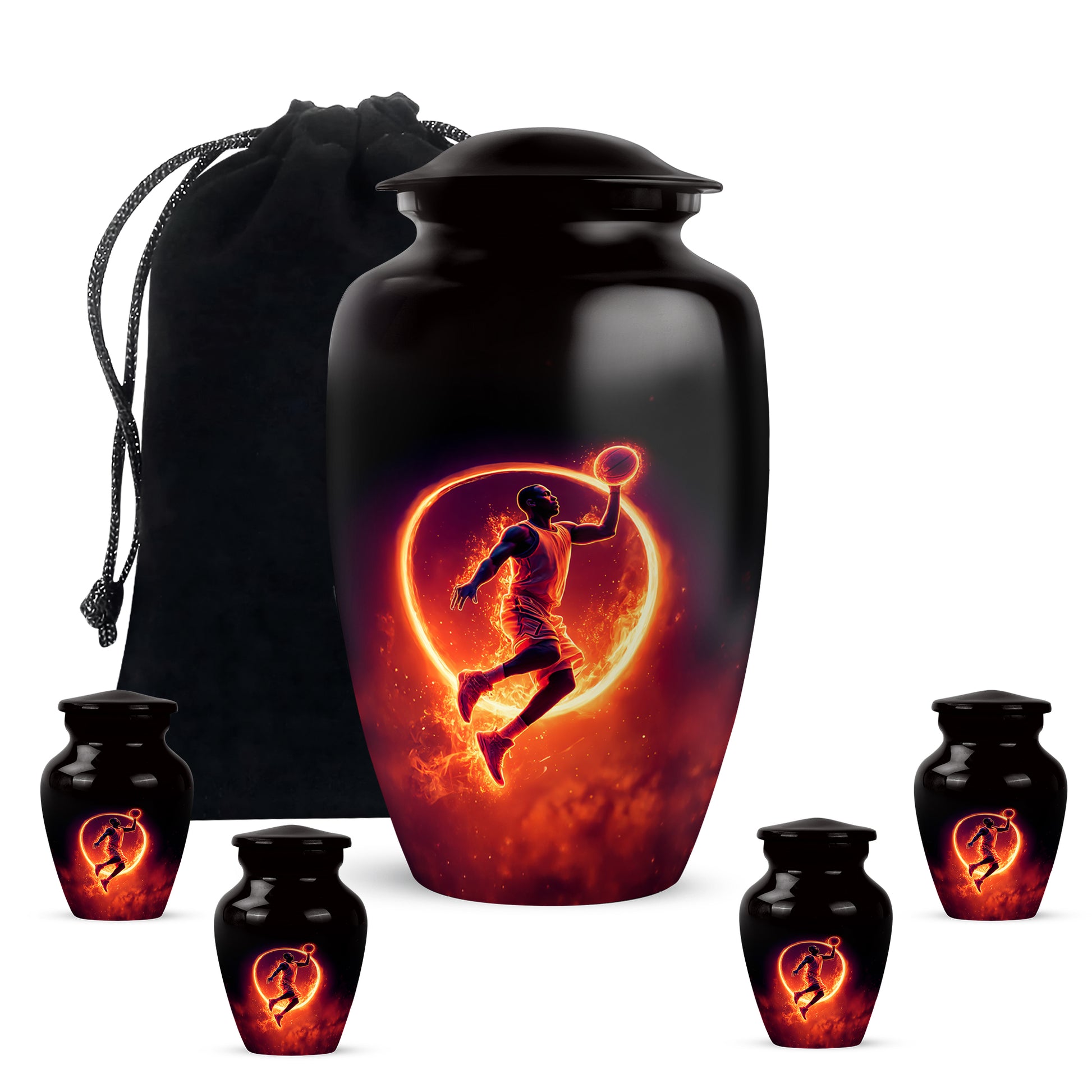Dark Black Basketball Cremation Urn top-down view of secure threaded lid - traditional basketball engraving with hand-polished finish - memorial set with one large and four small urns