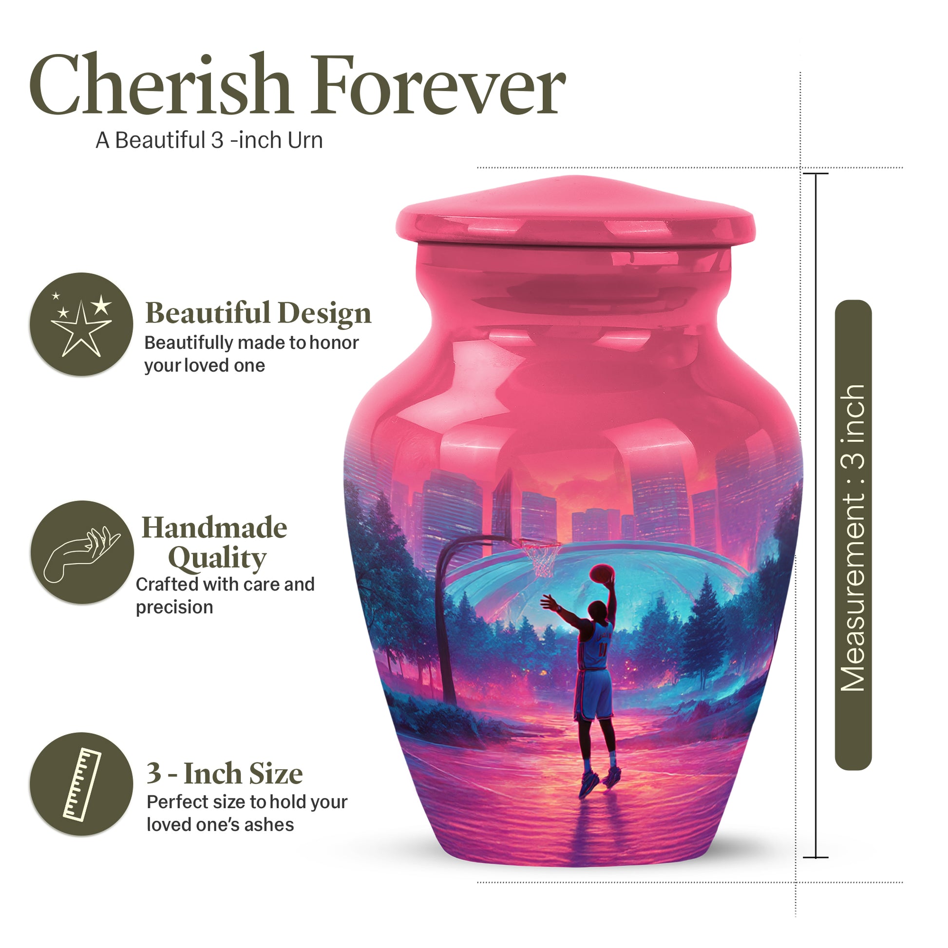 Wine Red Basketball Cremation Urn close-up of engraving and surface detail - classic sculpted basketball pattern on smooth aluminum - mini keepsake memorial for portion of cremation ashes