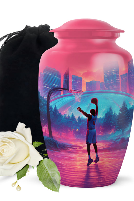 Cherry Red Basketball Cremation Urn angled view of lid and engraved motif - traditional basketball engraving with hand-polished finish - full-size 10 inch 200 cubic inch adult cremation urn
