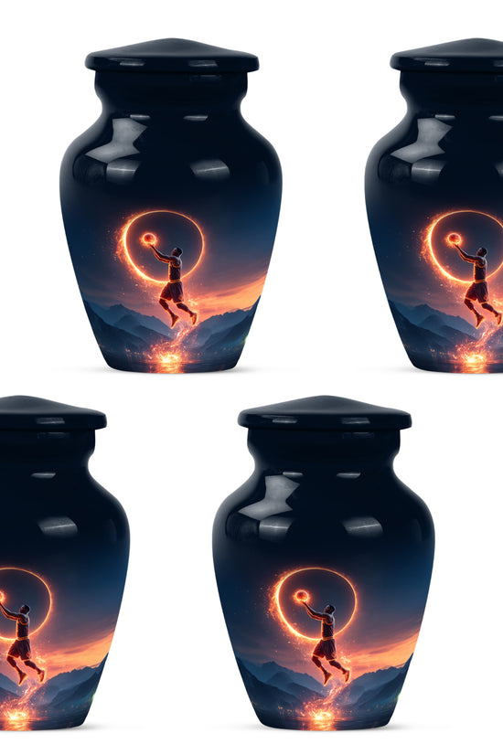 Misty Blue Basketball Cremation Urn side profile showing urn shape - timeless basketball motif etched into premium metal - 10 inch aluminum urn for cremated remains