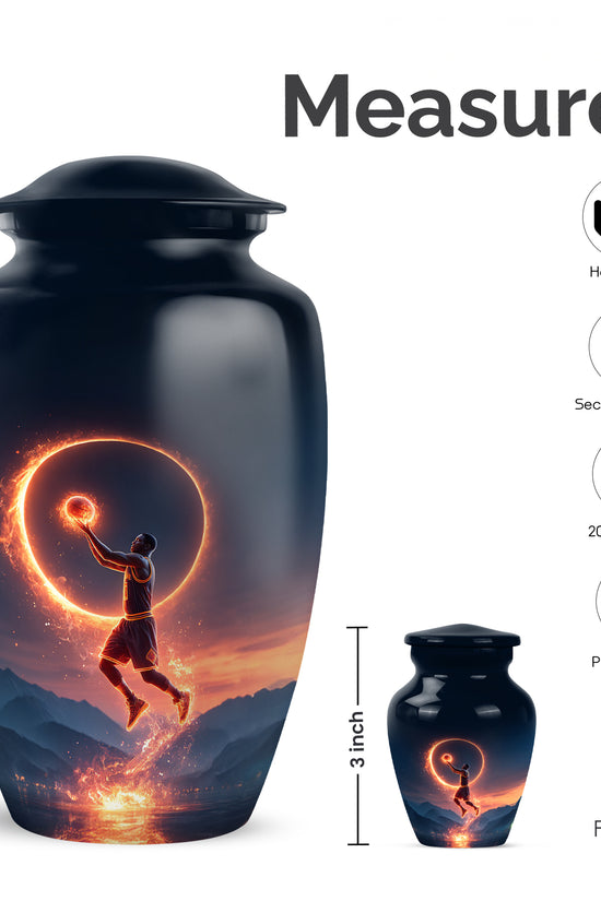 Sky Blue Basketball Cremation Urn close-up of engraving and surface detail - timeless basketball motif etched into premium metal - mini keepsake memorial for portion of cremation ashes
