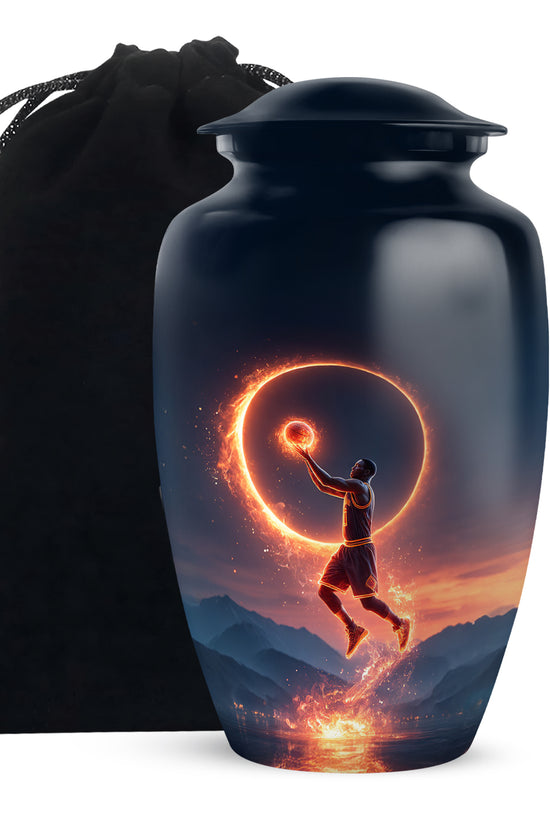Dusty Blue Basketball Cremation Urn angled view of lid and engraved motif - classic sculpted basketball pattern on smooth aluminum - full-size 10 inch 200 cubic inch adult cremation urn