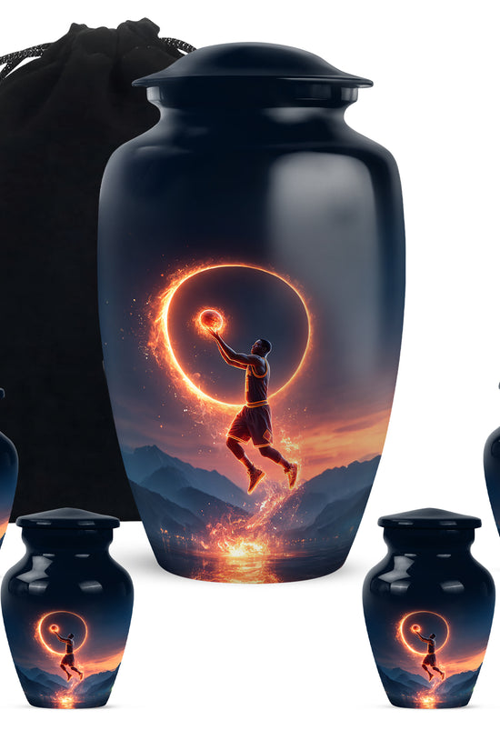 Bright Blue Basketball Cremation Urn top-down view of secure threaded lid - traditional basketball engraving with hand-polished finish - memorial set with one large and four small urns