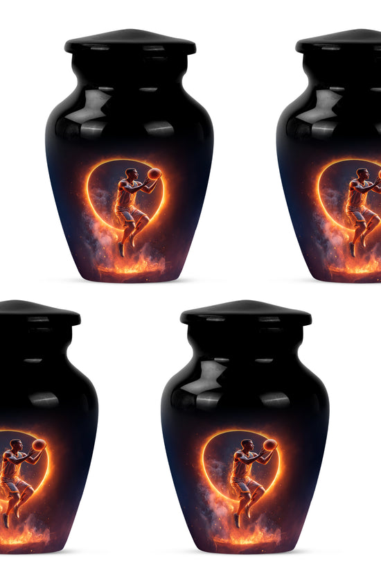 Glossy Black Basketball Cremation Urn side profile showing urn shape - classic sculpted basketball pattern on smooth aluminum - 10 inch aluminum urn for cremated remains