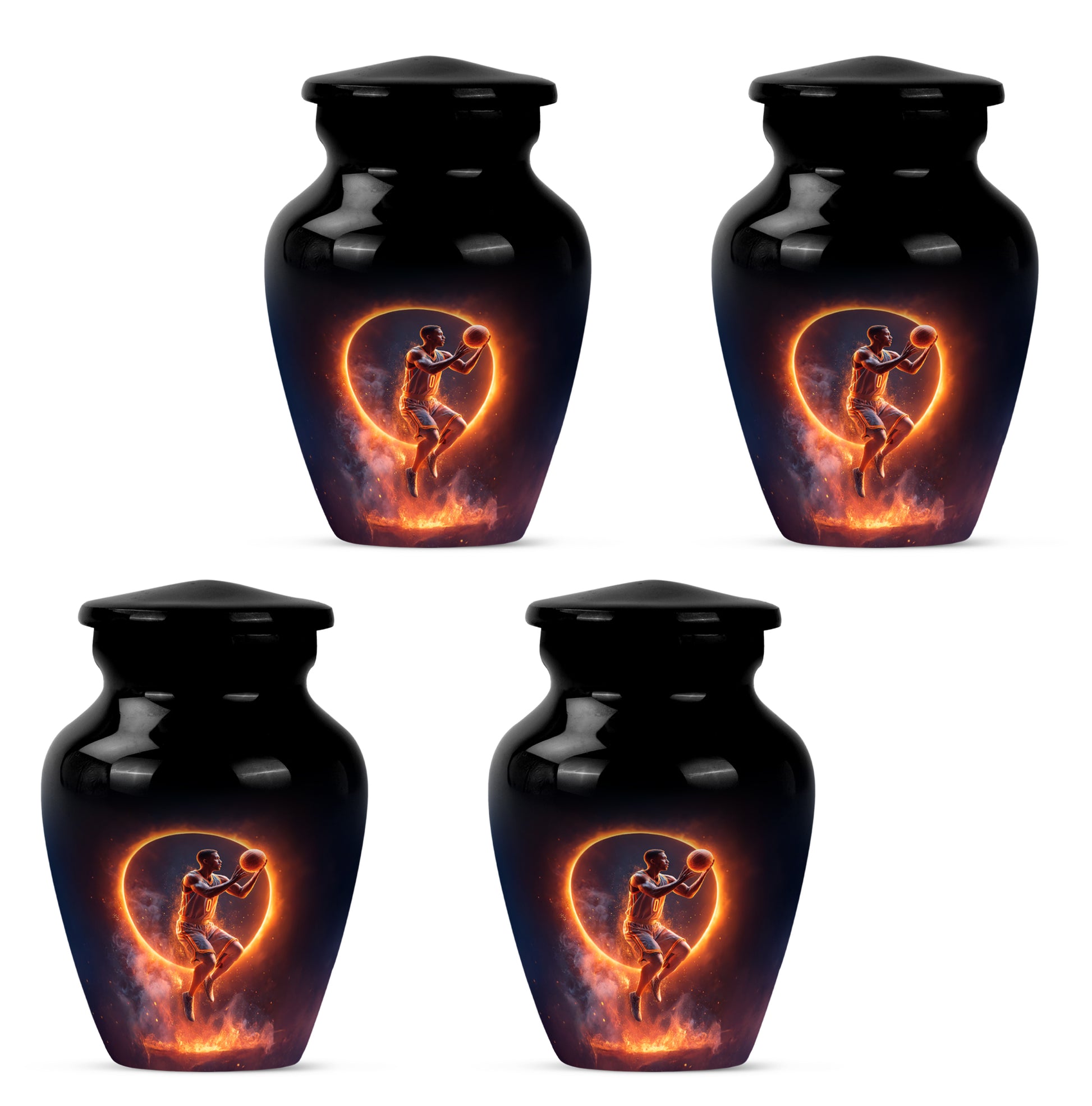 Glossy Black Basketball Cremation Urn side profile showing urn shape - classic sculpted basketball pattern on smooth aluminum - 10 inch aluminum urn for cremated remains
