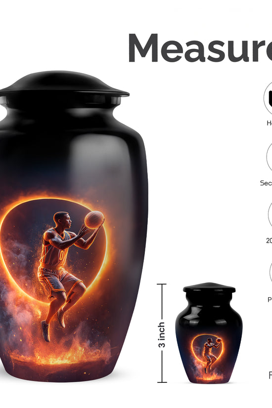 Dark Black Basketball Cremation Urn close-up of engraving and surface detail - elegant classic basketball relief with fine detailing - mini keepsake memorial for portion of cremation ashes