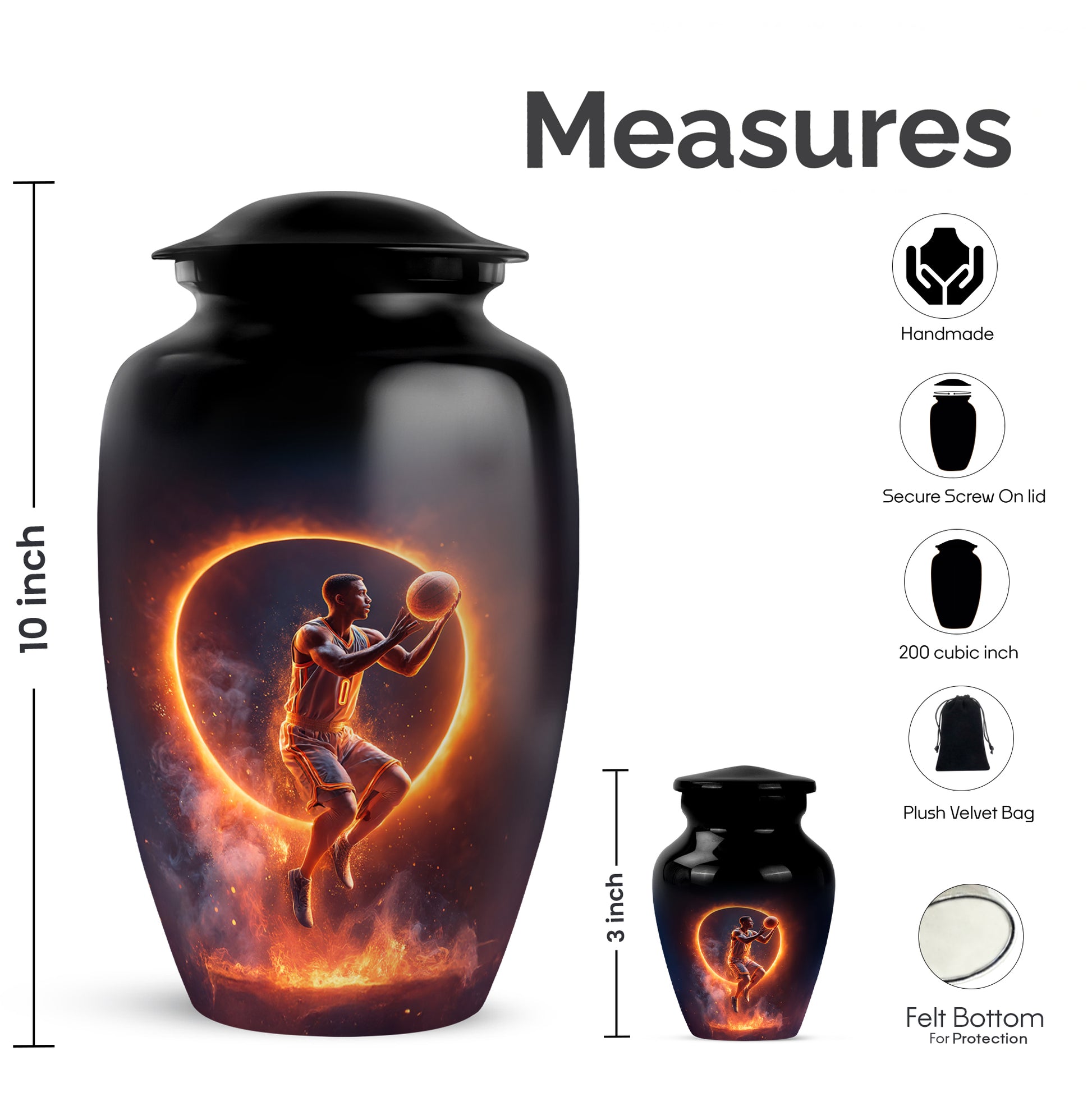 Dark Black Basketball Cremation Urn close-up of engraving and surface detail - elegant classic basketball relief with fine detailing - mini keepsake memorial for portion of cremation ashes