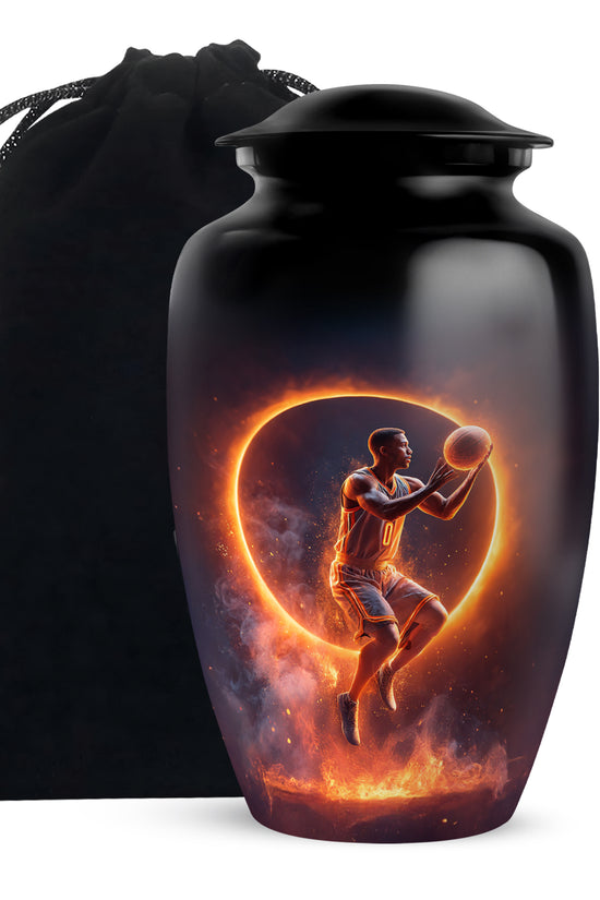 Onyx Black Basketball Cremation Urn angled view of lid and engraved motif - elegant classic basketball relief with fine detailing - full-size 10 inch 200 cubic inch adult cremation urn