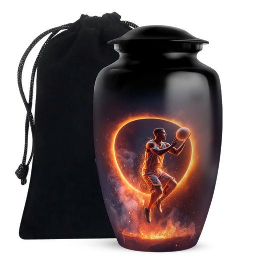 Onyx Black Basketball Cremation Urn angled view of lid and engraved motif - elegant classic basketball relief with fine detailing - full-size 10 inch 200 cubic inch adult cremation urn