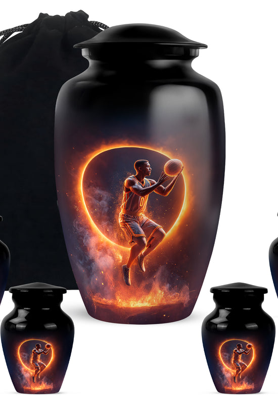 Glossy Black Basketball Cremation Urn top-down view of secure threaded lid - timeless basketball motif etched into premium metal - memorial set with one large and four small urns