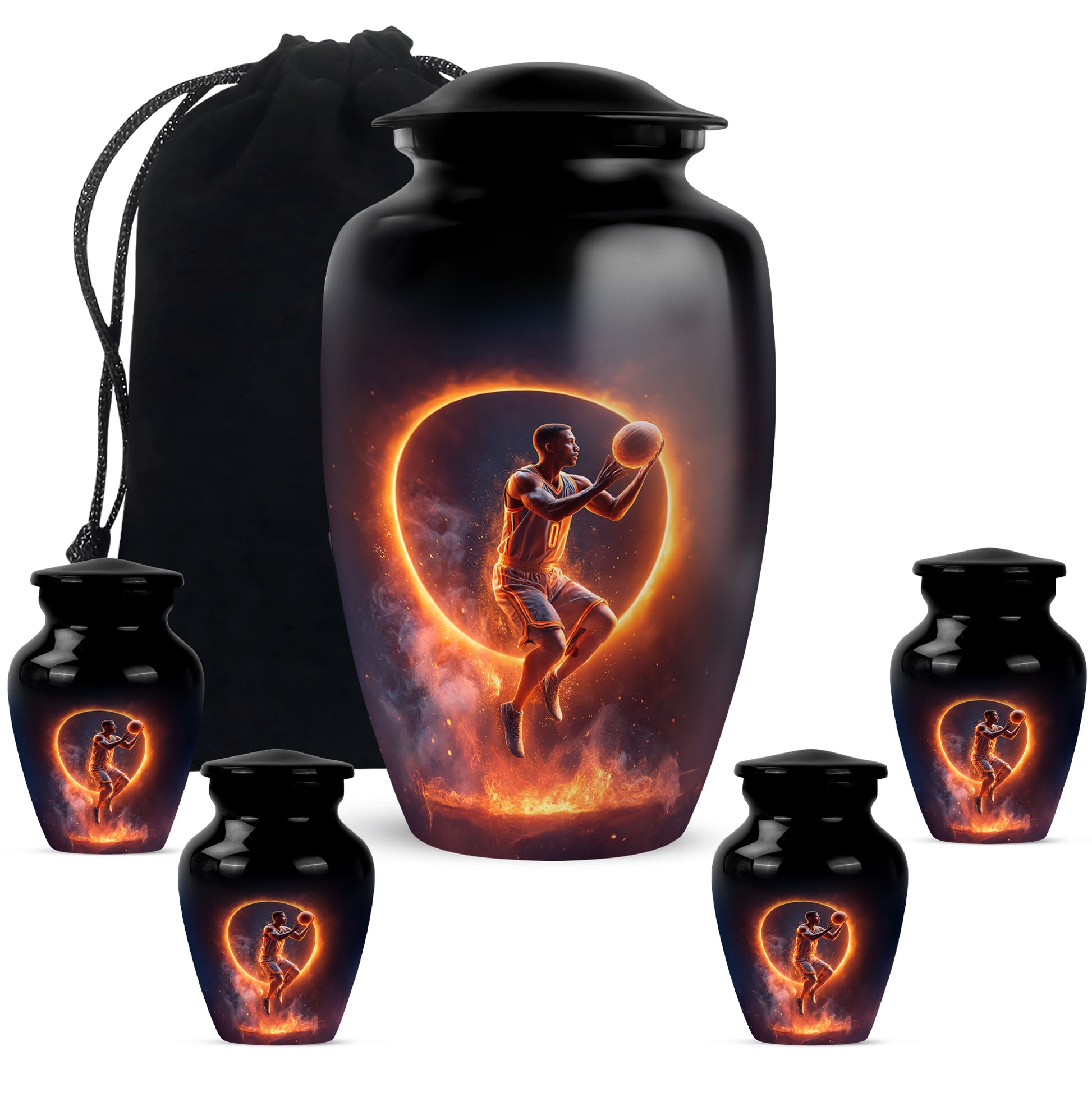 Glossy Black Basketball Cremation Urn top-down view of secure threaded lid - timeless basketball motif etched into premium metal - memorial set with one large and four small urns