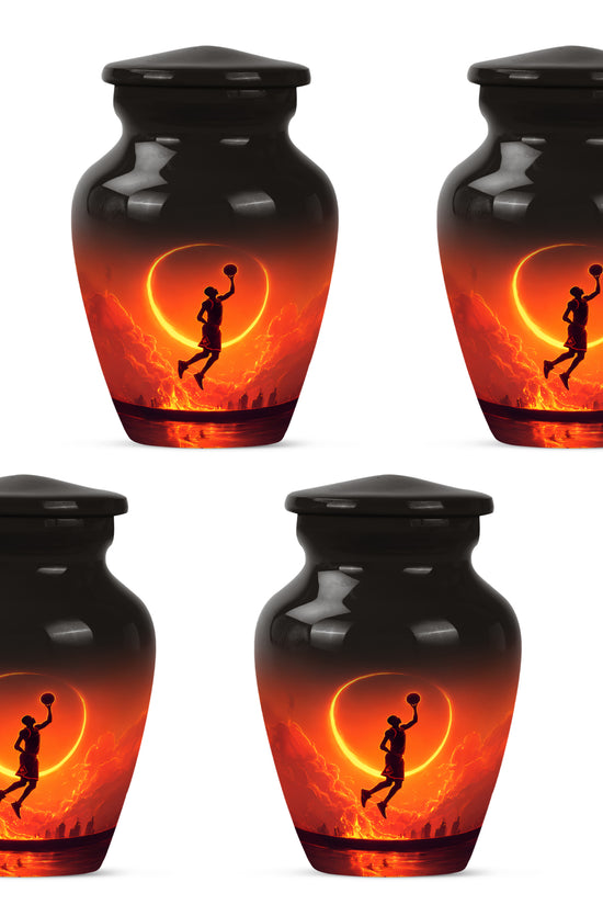 Dark Black Basketball Cremation Urn side profile showing urn shape - elegant classic basketball relief with fine detailing - 10 inch aluminum urn for cremated remains
