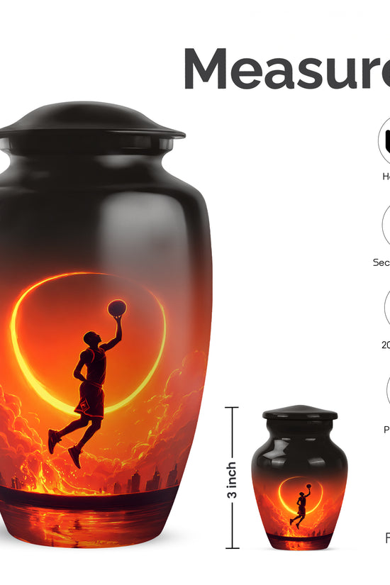 Midnight Black Basketball Cremation Urn close-up of engraving and surface detail - elegant classic basketball relief with fine detailing - mini keepsake memorial for portion of cremation ashes