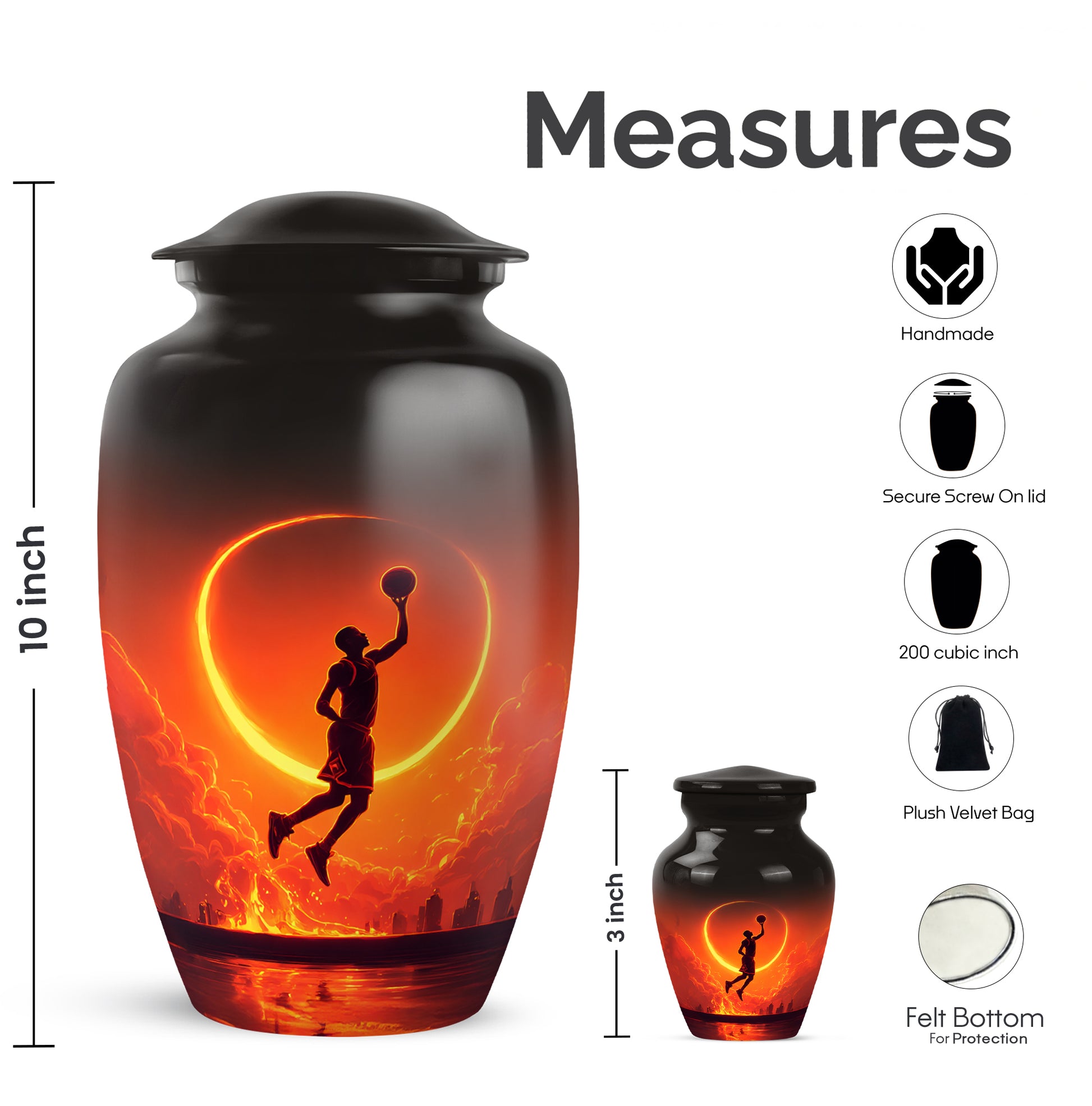 Midnight Black Basketball Cremation Urn close-up of engraving and surface detail - elegant classic basketball relief with fine detailing - mini keepsake memorial for portion of cremation ashes