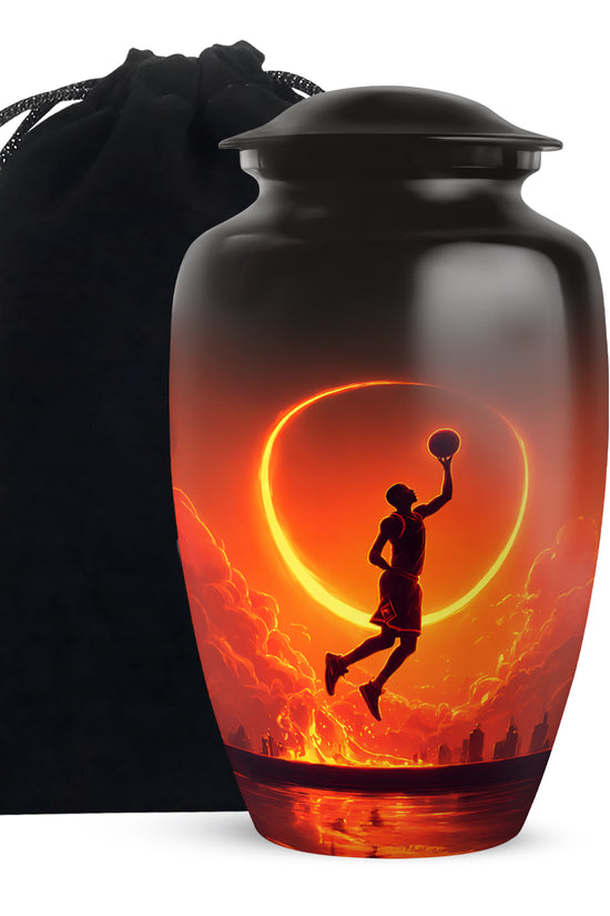 Onyx Black Basketball Cremation Urn angled view of lid and engraved motif - elegant classic basketball relief with fine detailing - full-size 10 inch 200 cubic inch adult cremation urn