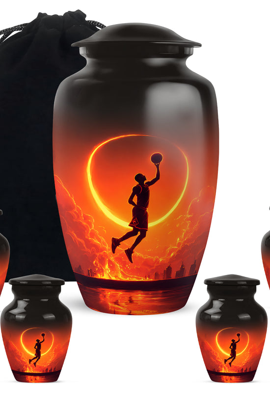 Obsidian Black Basketball Cremation Urn top-down view of secure threaded lid - traditional basketball engraving with hand-polished finish - memorial set with one large and four small urns