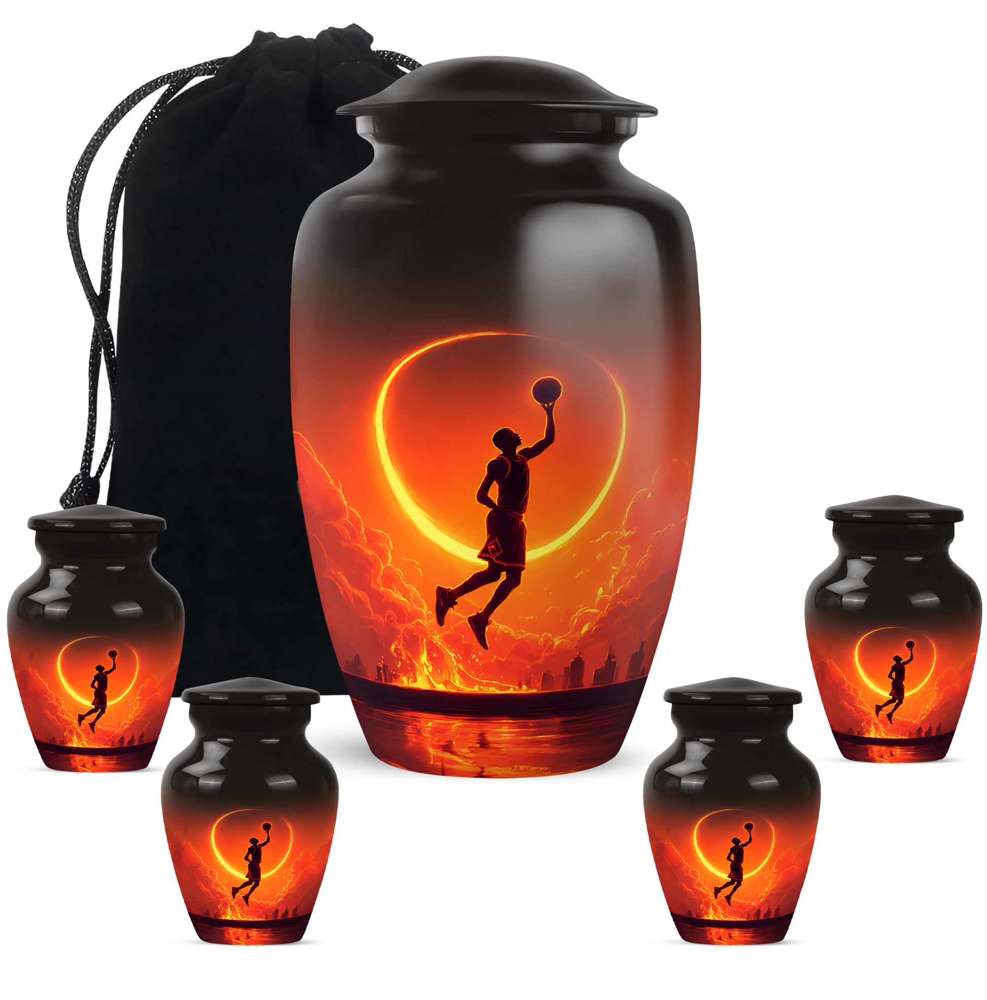 Obsidian Black Basketball Cremation Urn top-down view of secure threaded lid - traditional basketball engraving with hand-polished finish - memorial set with one large and four small urns