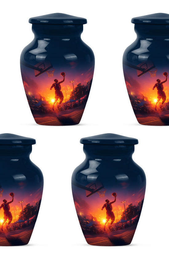 Dusty Blue Basketball Cremation Urn side profile showing urn shape - classic sculpted basketball pattern on smooth aluminum - 10 inch aluminum urn for cremated remains