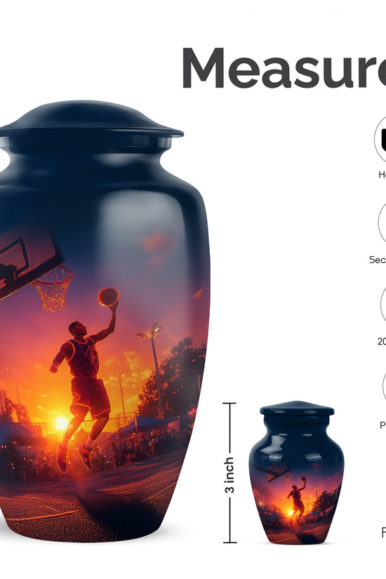 Calming Blue Basketball Cremation Urn close-up of engraving and surface detail - traditional basketball engraving with hand-polished finish - mini keepsake memorial for portion of cremation ashes