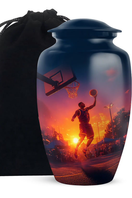 Steel Blue Basketball Cremation Urn angled view of lid and engraved motif - traditional basketball engraving with hand-polished finish - full-size 10 inch 200 cubic inch adult cremation urn