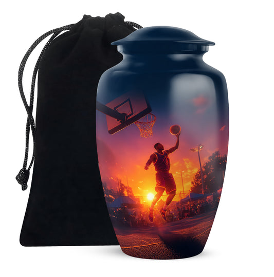 Steel Blue Basketball Cremation Urn angled view of lid and engraved motif - traditional basketball engraving with hand-polished finish - full-size 10 inch 200 cubic inch adult cremation urn