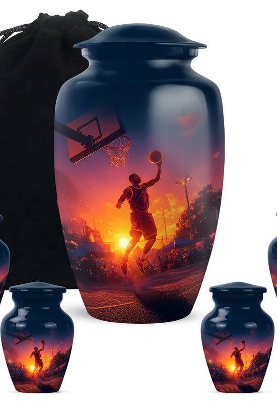 Vivid Blue Basketball Cremation Urn top-down view of secure threaded lid - elegant classic basketball relief with fine detailing - memorial set with one large and four small urns
