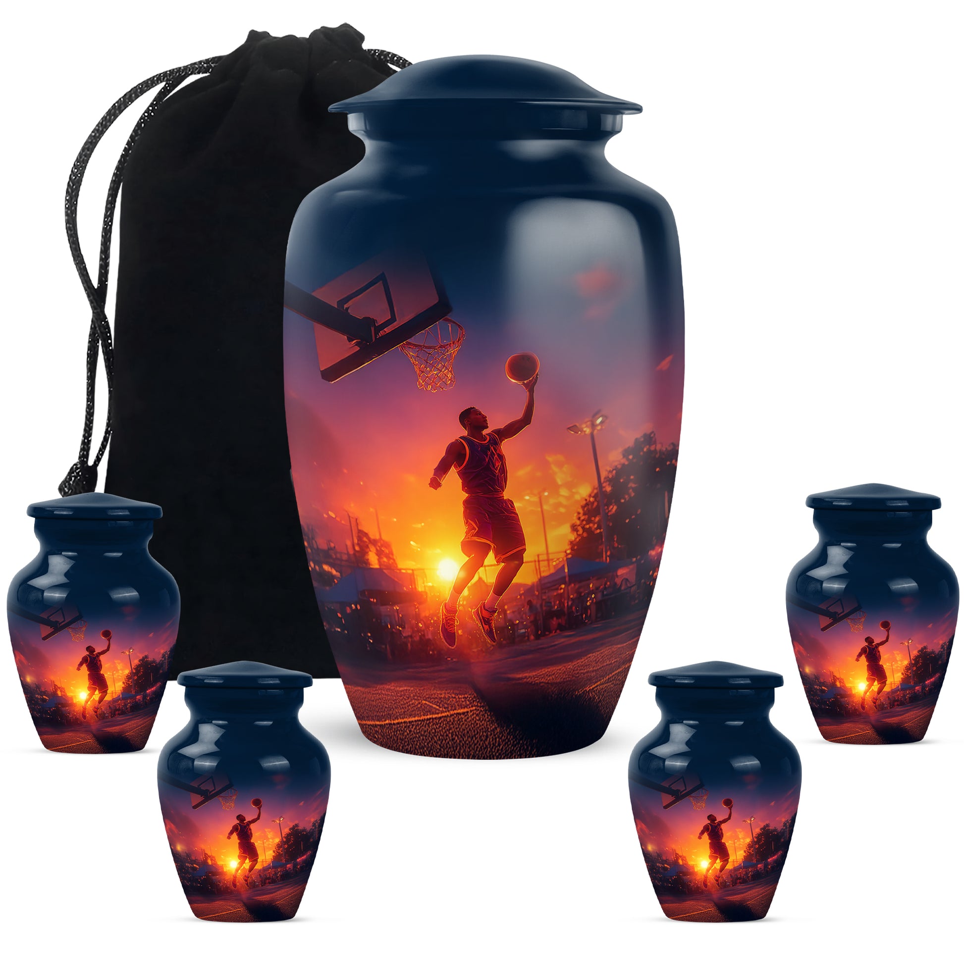 Vivid Blue Basketball Cremation Urn top-down view of secure threaded lid - elegant classic basketball relief with fine detailing - memorial set with one large and four small urns
