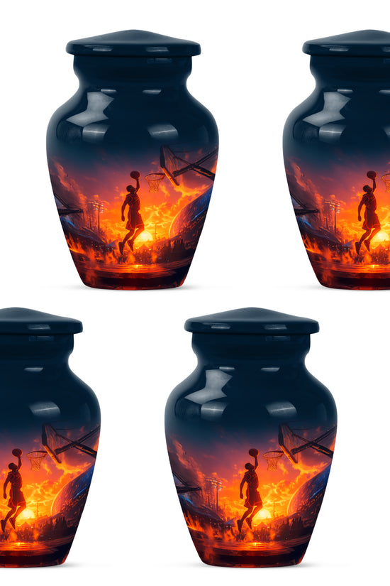 Indigo Basketball Cremation Urn side profile showing urn shape - classic sculpted basketball pattern on smooth aluminum - 10 inch aluminum urn for cremated remains