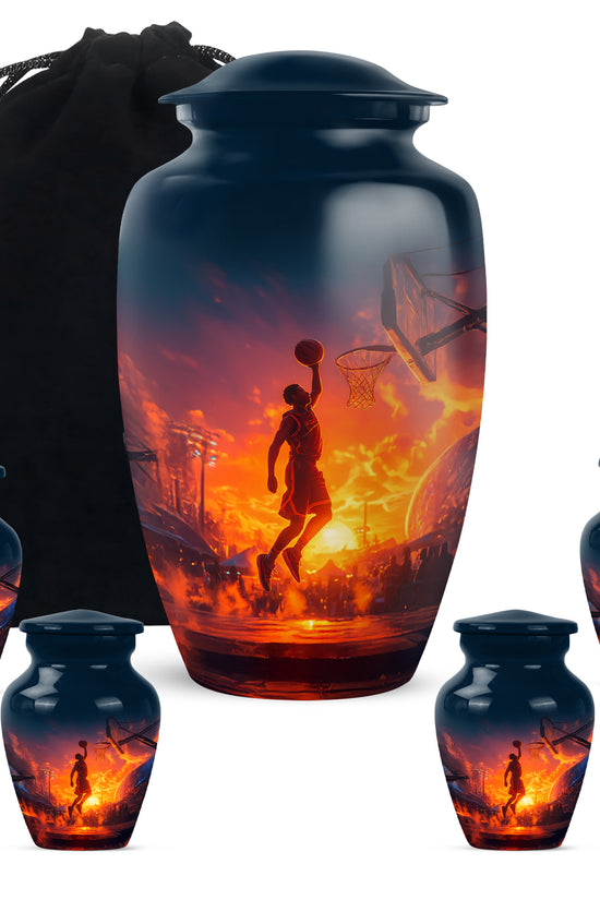 Misty Blue Basketball Cremation Urn top-down view of secure threaded lid - timeless basketball motif etched into premium metal - memorial set with one large and four small urns