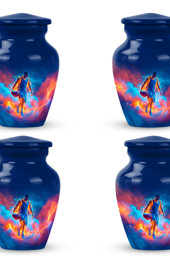 Indigo Basketball Cremation Urn side profile showing urn shape - classic sculpted basketball pattern on smooth aluminum - 10 inch aluminum urn for cremated remains