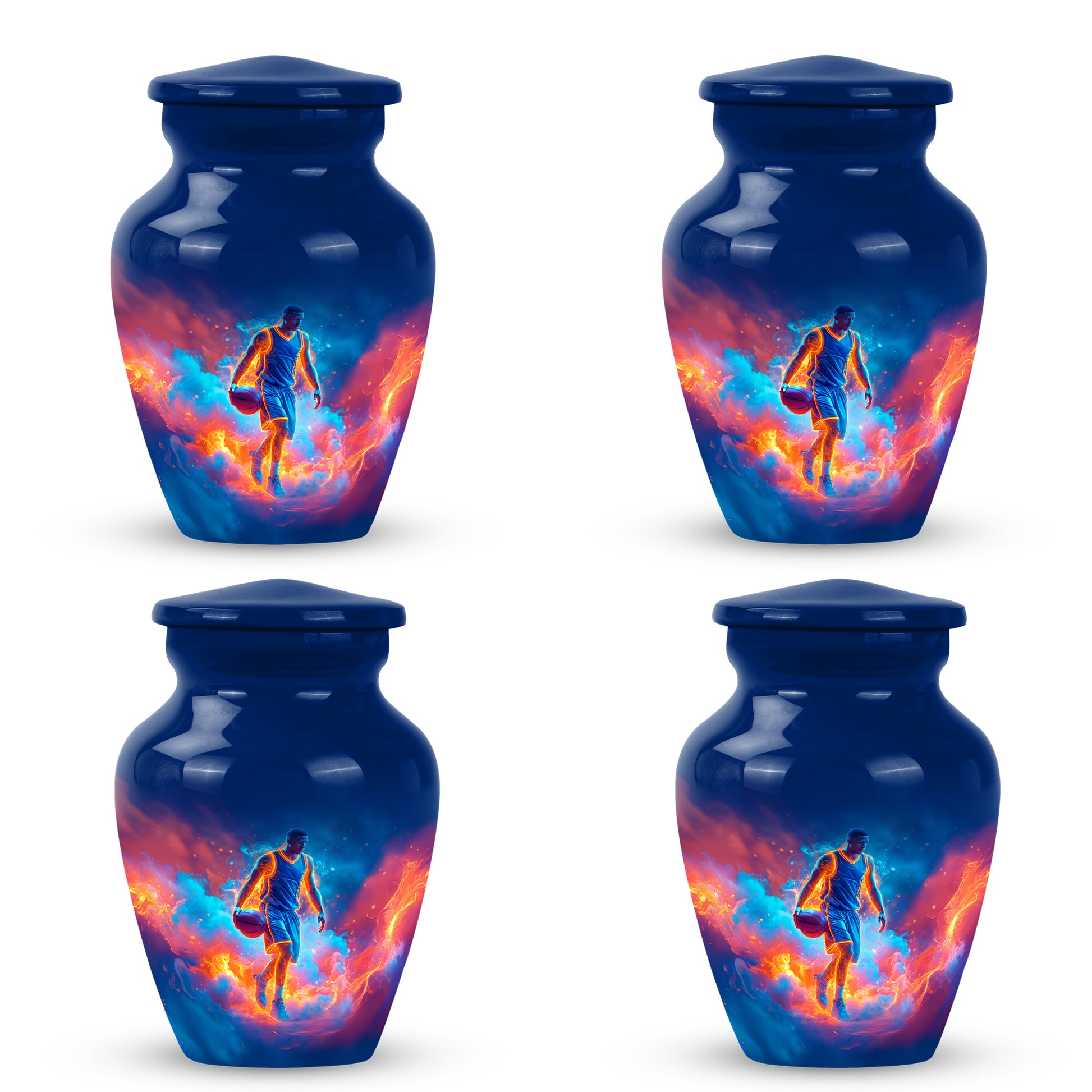 Indigo Basketball Cremation Urn side profile showing urn shape - classic sculpted basketball pattern on smooth aluminum - 10 inch aluminum urn for cremated remains