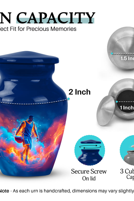 Pastel Blue Basketball Cremation Urn close-up of engraving and surface detail - timeless basketball motif etched into premium metal - mini keepsake memorial for portion of cremation ashes