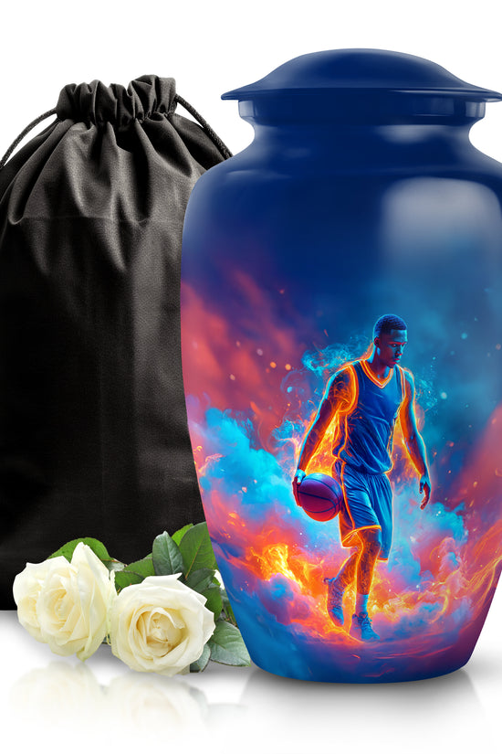 Serene Blue Basketball Cremation Urn angled view of lid and engraved motif - elegant classic basketball relief with fine detailing - full-size 10 inch 200 cubic inch adult cremation urn