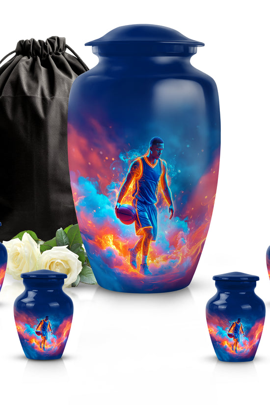 Serene Blue Basketball Cremation Urn top-down view of secure threaded lid - elegant classic basketball relief with fine detailing - memorial set with one large and four small urns