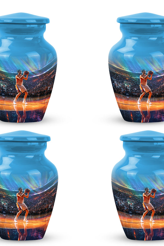 Celestial Blue Basketball Cremation Urn side profile showing urn shape - timeless basketball motif etched into premium metal - 10 inch aluminum urn for cremated remains