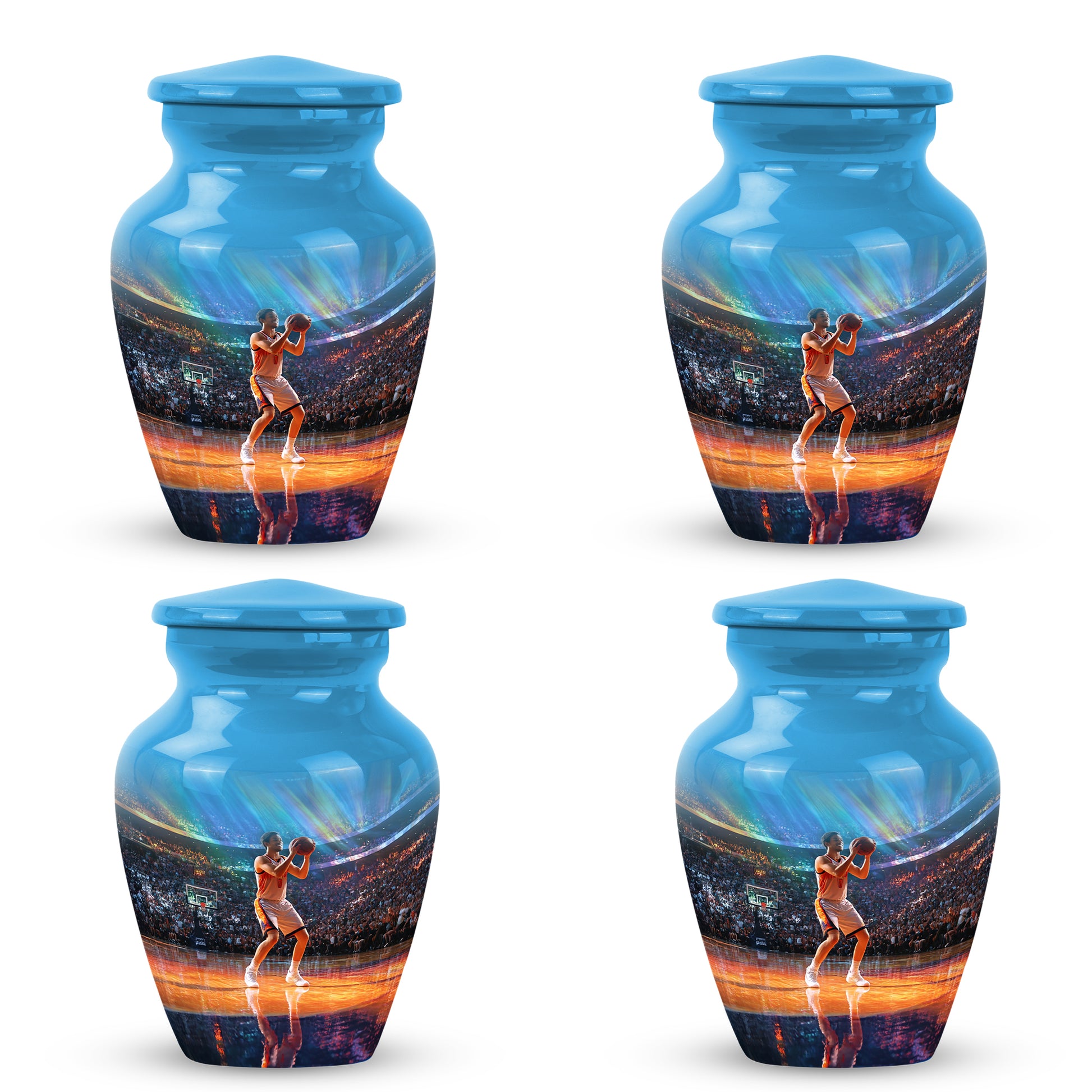 Celestial Blue Basketball Cremation Urn side profile showing urn shape - timeless basketball motif etched into premium metal - 10 inch aluminum urn for cremated remains