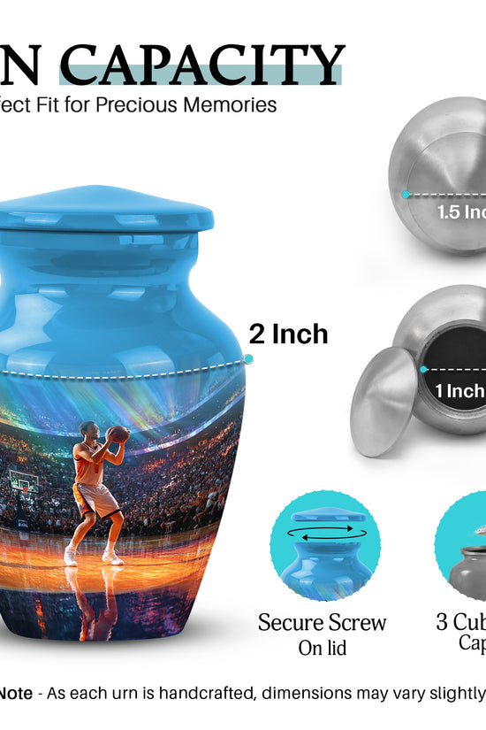 Misty Blue Basketball Cremation Urn close-up of engraving and surface detail - timeless basketball motif etched into premium metal - mini keepsake memorial for portion of cremation ashes