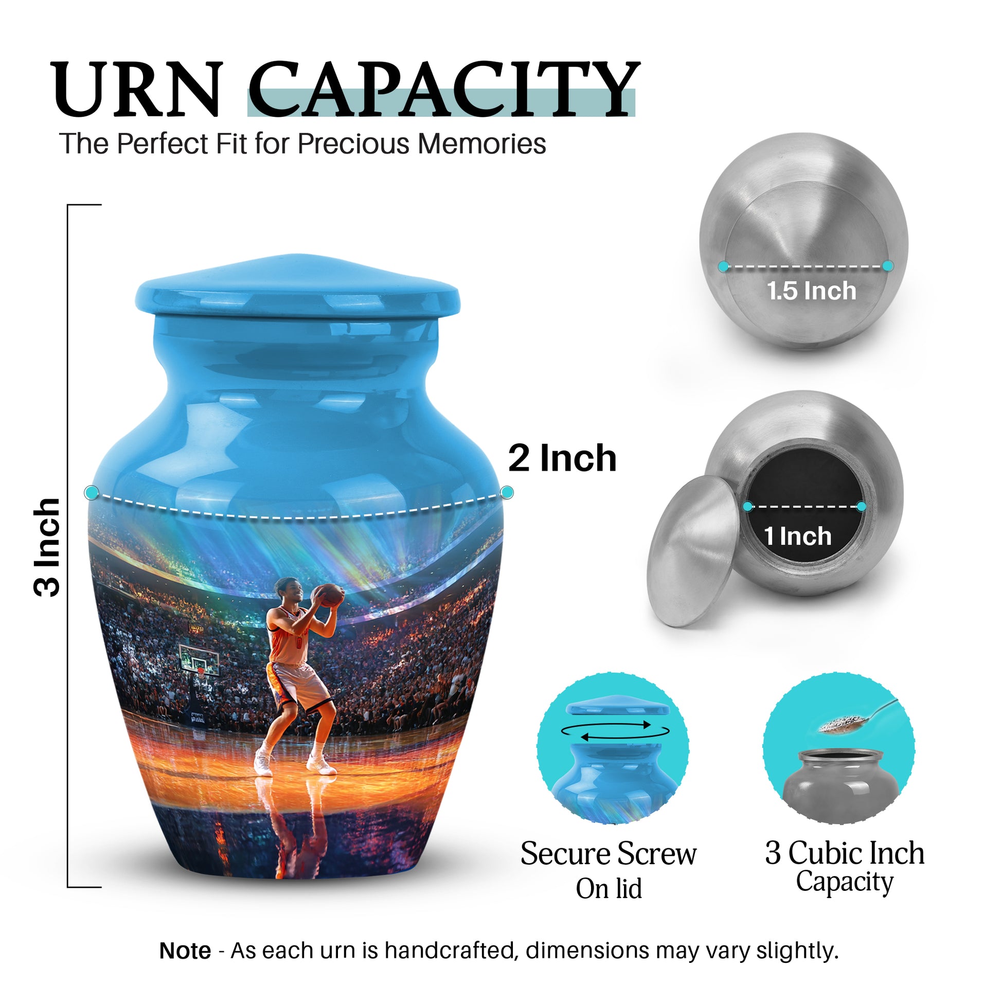 Misty Blue Basketball Cremation Urn close-up of engraving and surface detail - timeless basketball motif etched into premium metal - mini keepsake memorial for portion of cremation ashes