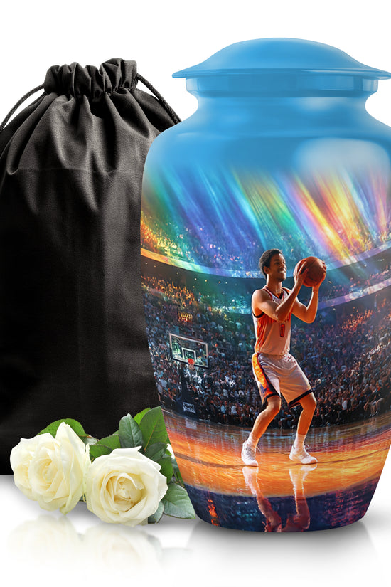 Dusty Blue Basketball Cremation Urn angled view of lid and engraved motif - timeless basketball motif etched into premium metal - full-size 10 inch 200 cubic inch adult cremation urn